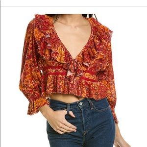 NWT Free People Rudi printed ruffle crop blouse top voluminous bishop sleeves XS